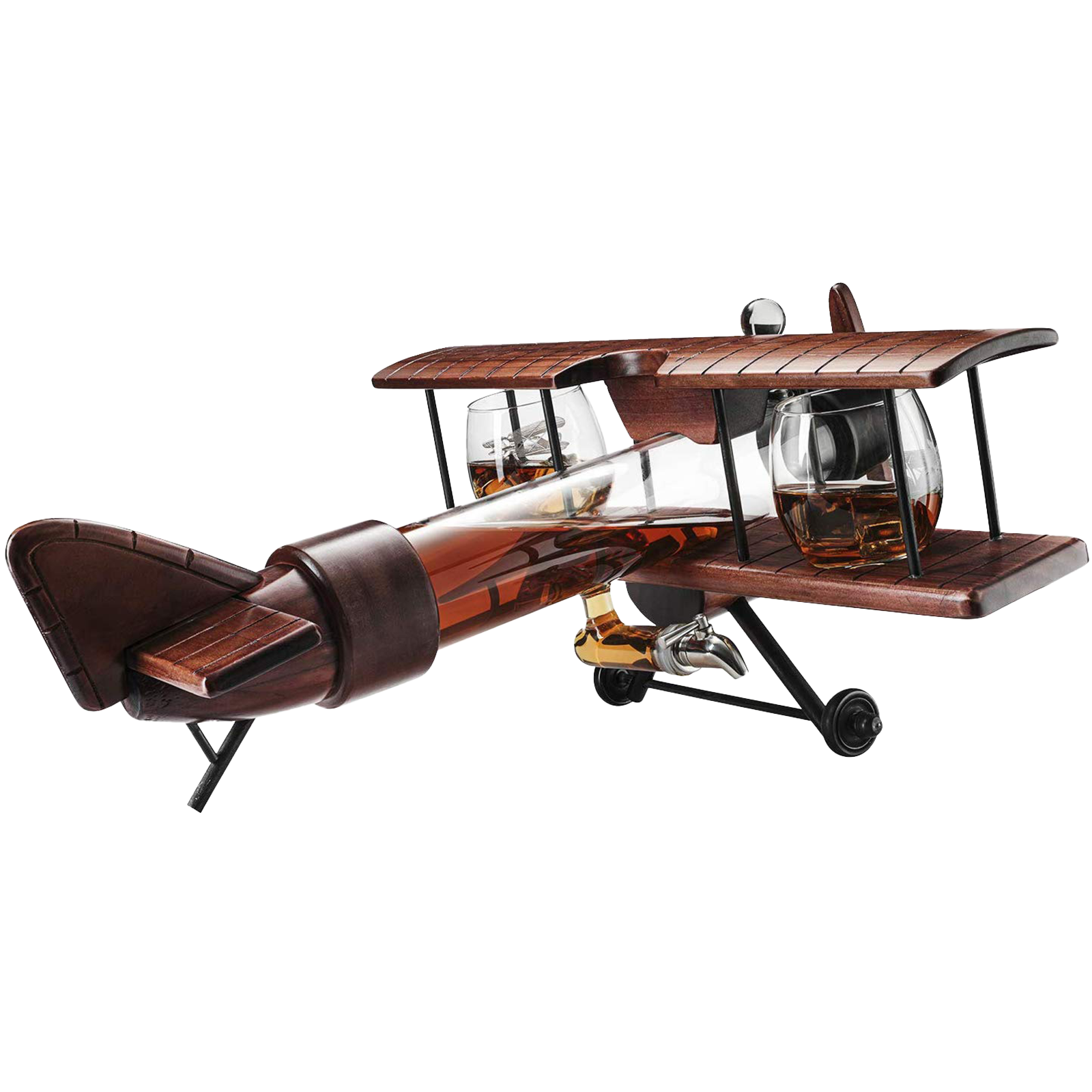 Whiskey & Wine Decanter Airplane Set and Glasses Antique Wood Airplane - The Wine Savant Whiskey Gift Set and 2 Airplane Glasses, Pilot Gift Moving Parts- Alcohol Related Gift, BAR DECOR Large 21"