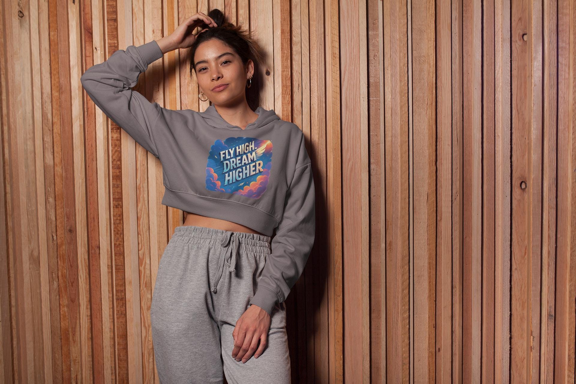 Inspirational Women's Cropped Hoodie aviation inspired, "Fly High, Dream Higher", Casual Streetwear