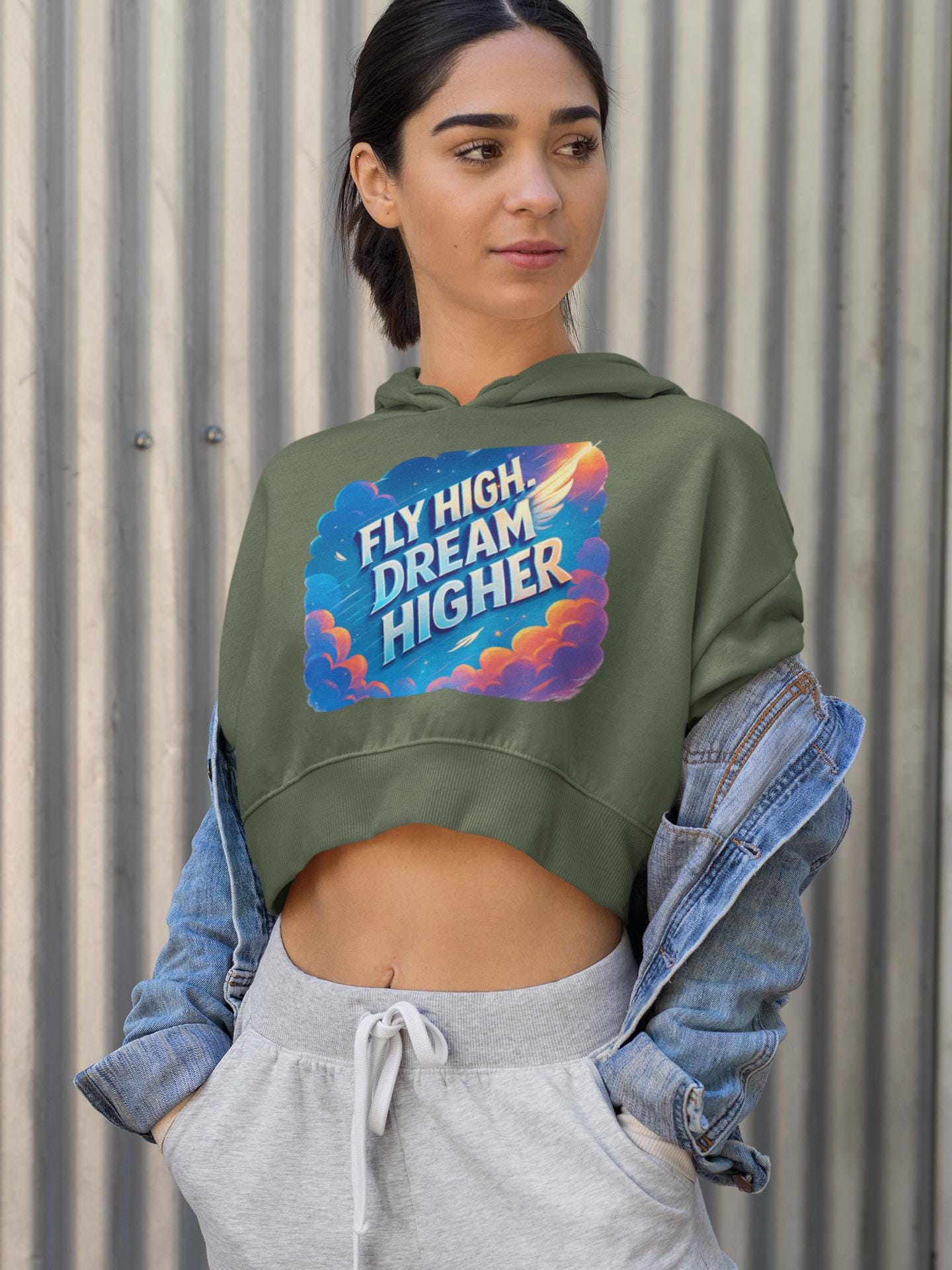 Inspirational Women's Cropped Hoodie aviation inspired, "Fly High, Dream Higher", Casual Streetwear