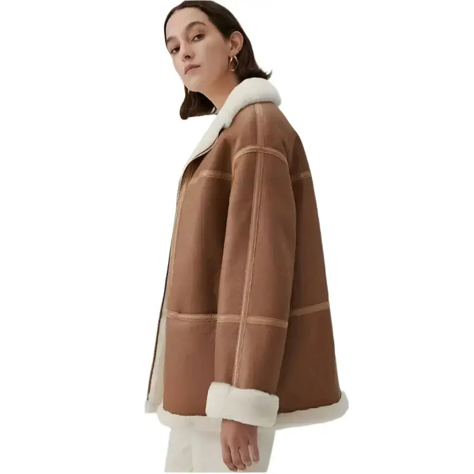 Women's Genuine Brown Sheepskin Aviator Jacket