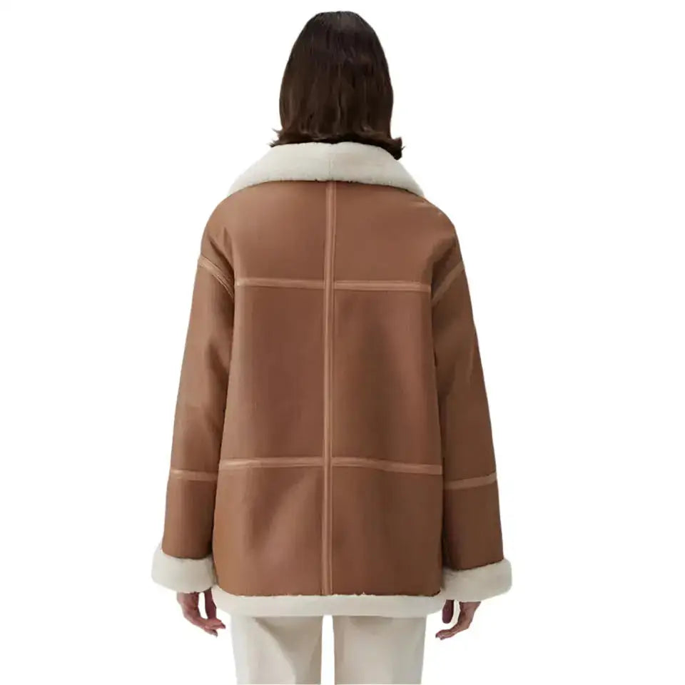 Women's Genuine Brown Sheepskin Aviator Jacket