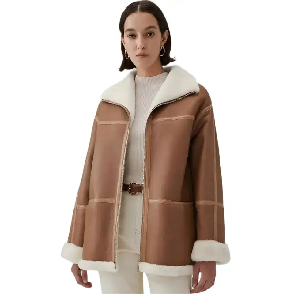 Women's Genuine Brown Sheepskin Aviator Jacket