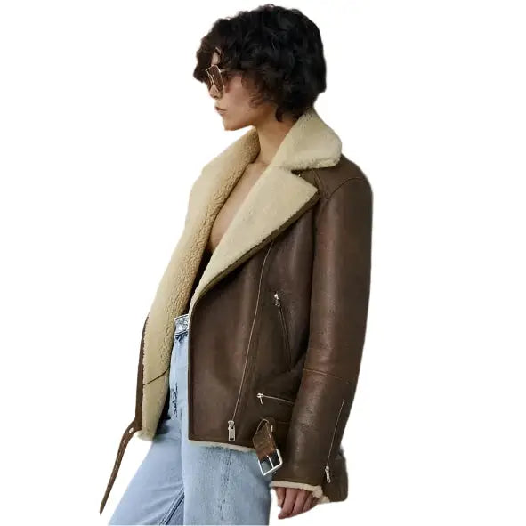 Women's Brown Sheepskin Shearling Aviator Jacket