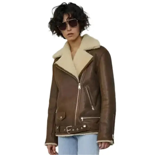 Women's Brown Sheepskin Shearling Aviator Jacket