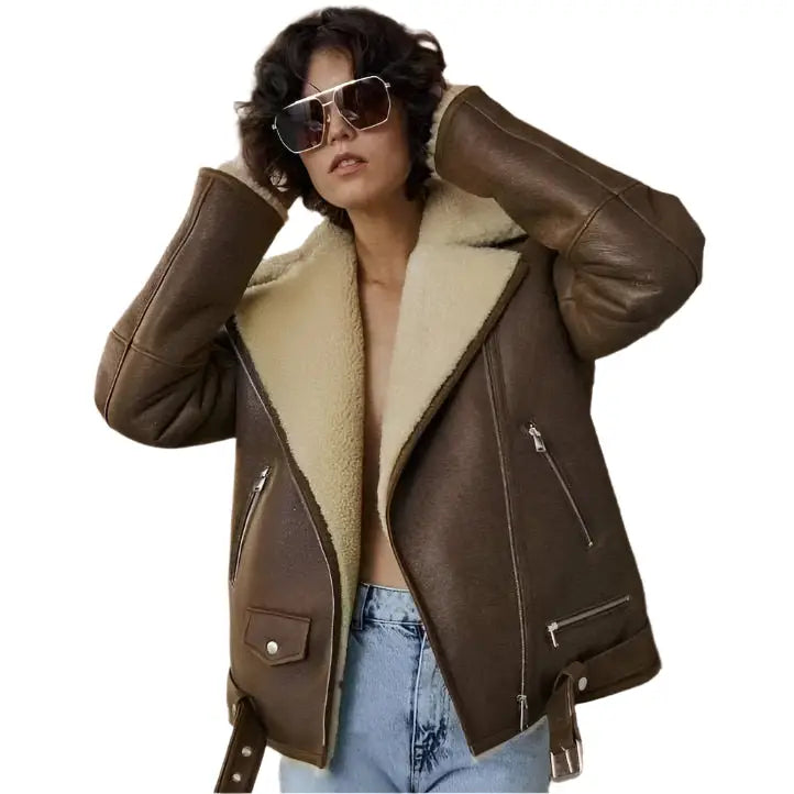 Women's Brown Sheepskin Shearling Aviator Jacket