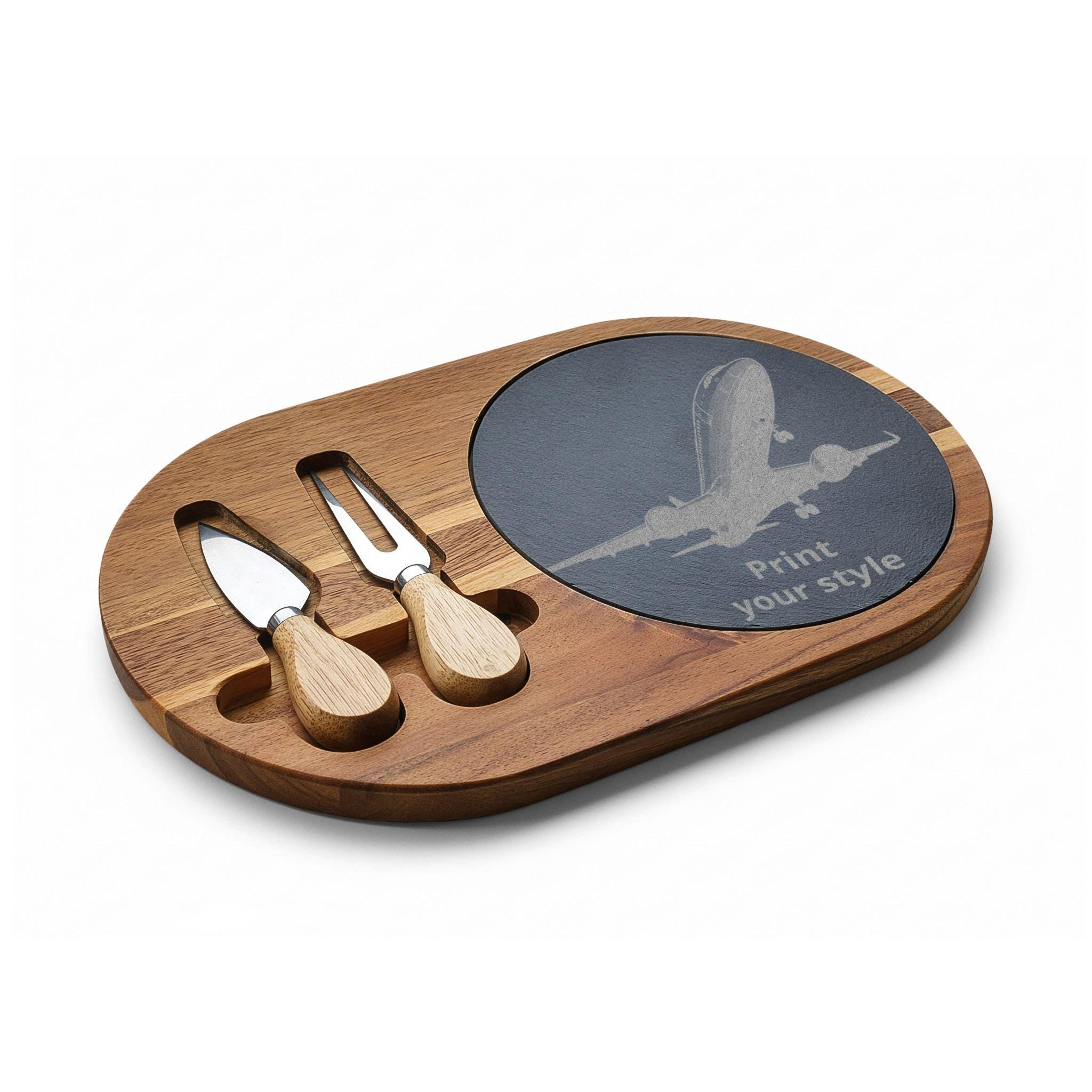 Engraved Charcuterie Board with Slate Round, Cheese Knife Set | Personalized Serving Platter
