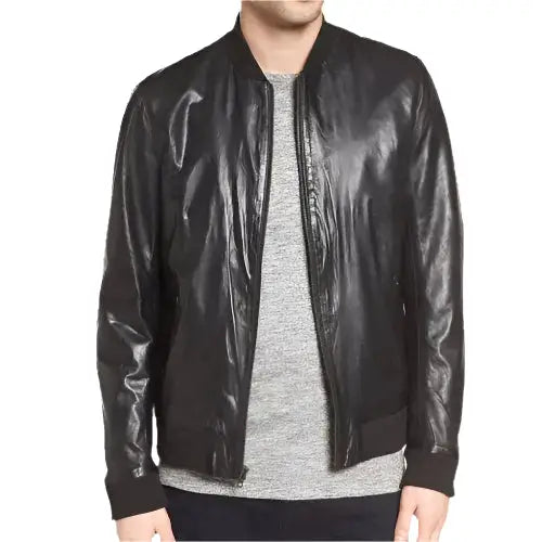 Mens Quilted Leather Aviator Bomber Jacket