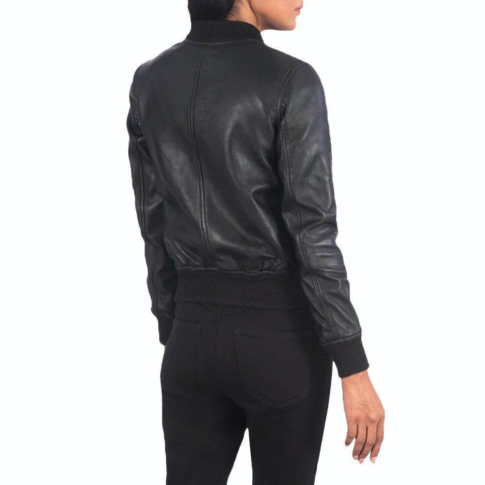 Womens Aviator Black Leather Bomber Jacket - L