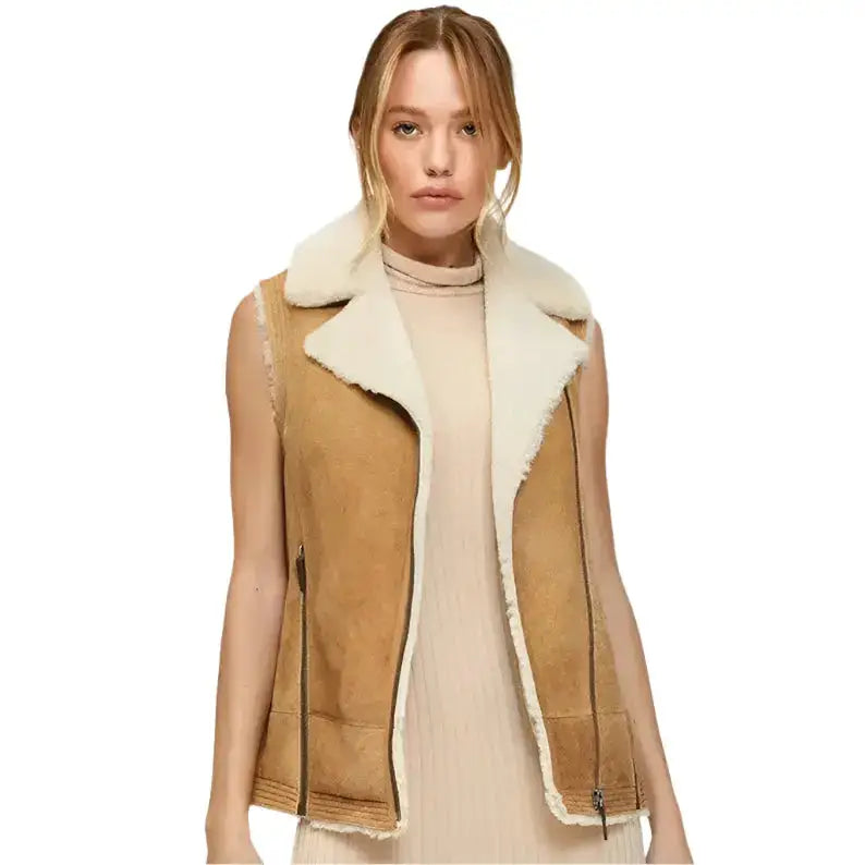 Women’s Tan Shearling Aviator Vest