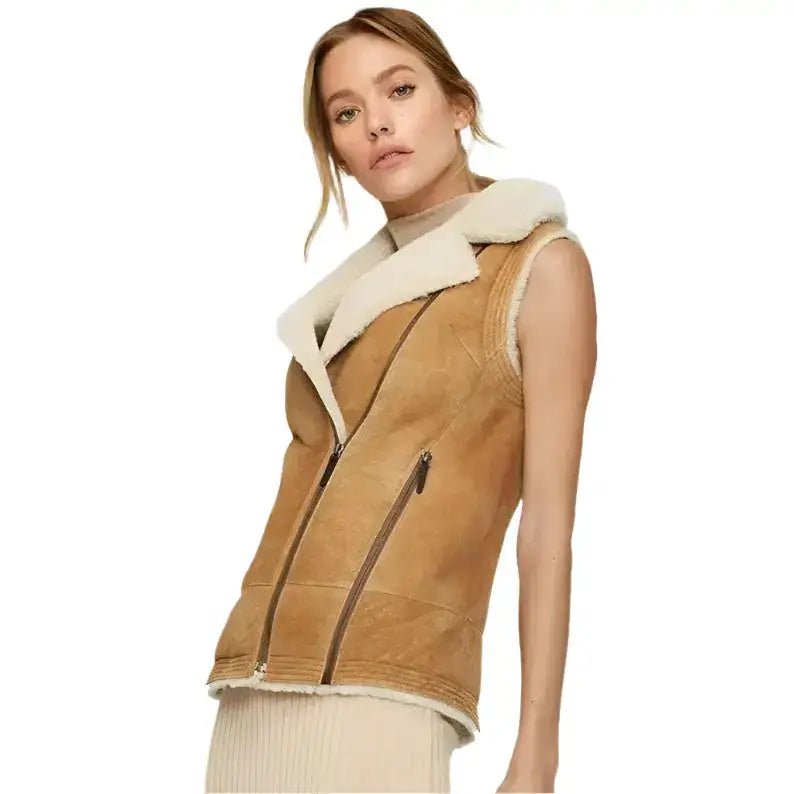 Women’s Tan Shearling Aviator Vest