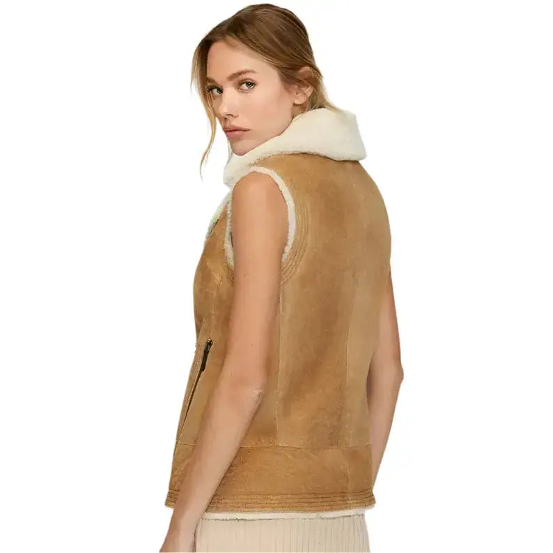 Women’s Tan Shearling Aviator Vest